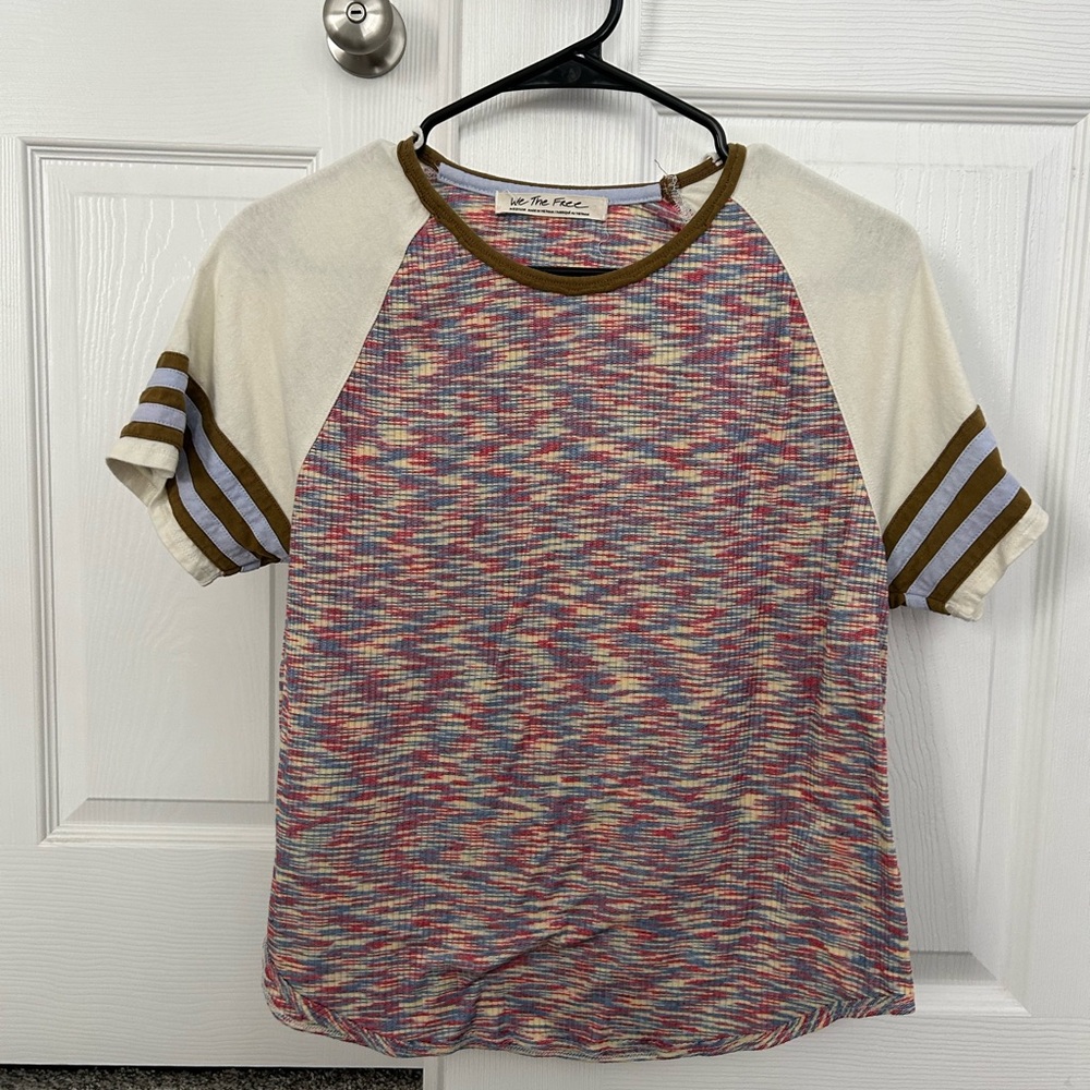 We The Free Multicolor Short Sleeve Raglan Top with Cream Sleeves